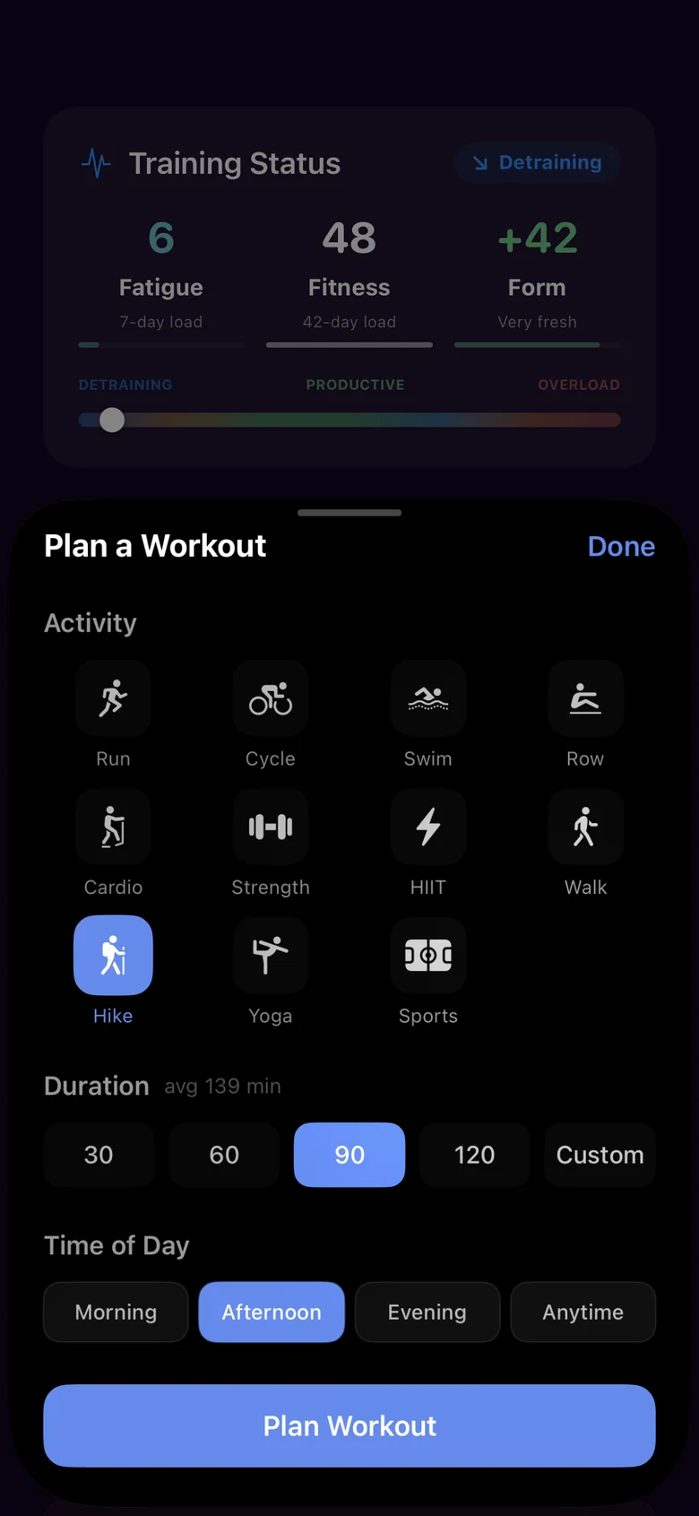 Noctis Plan a Workout sheet: choose from 11 activities, a duration of 30, 60, 90 or 120 minutes or custom, and a time of day.